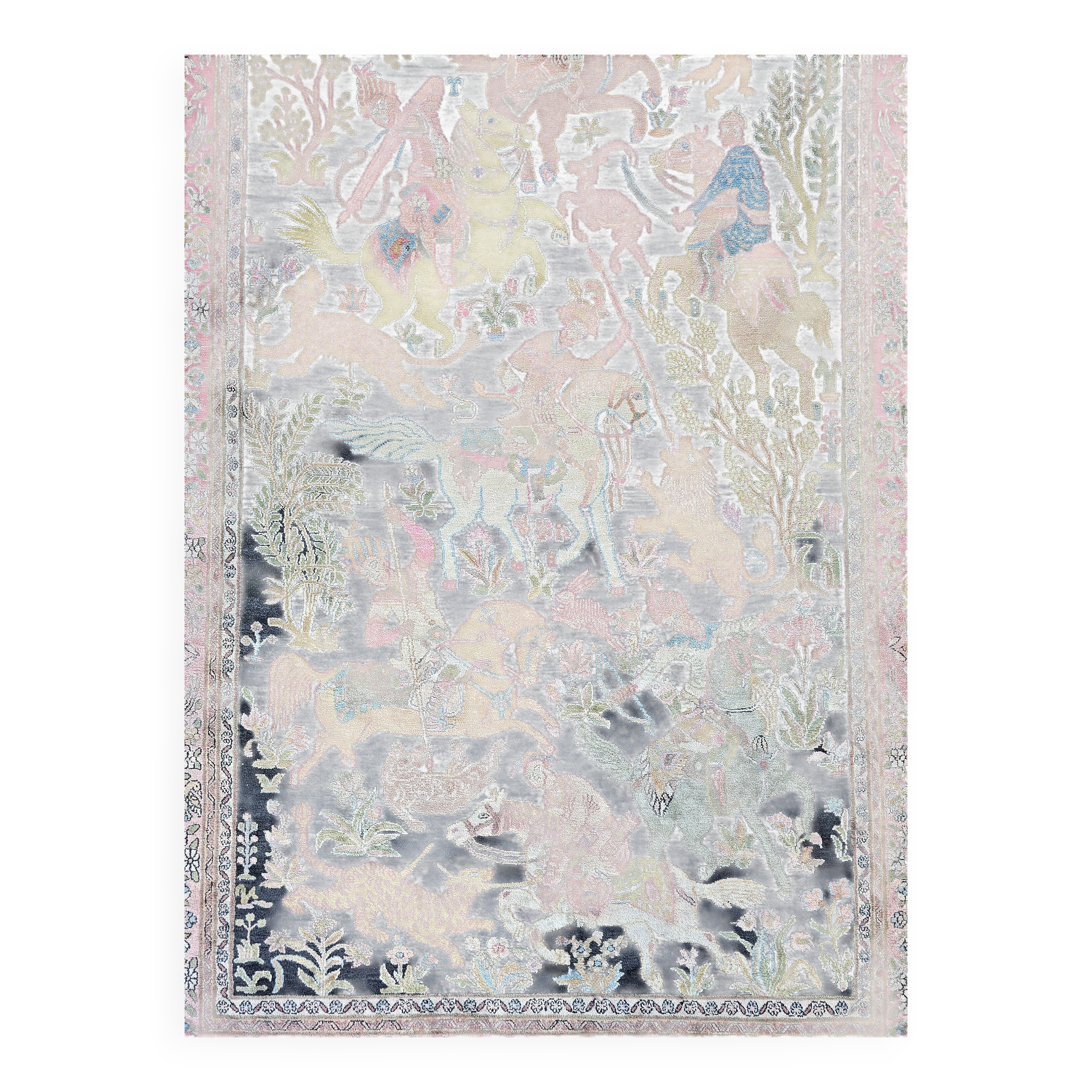Tapis en soie Qom (soie sur coton) scène de chasse Cachemire 1950s