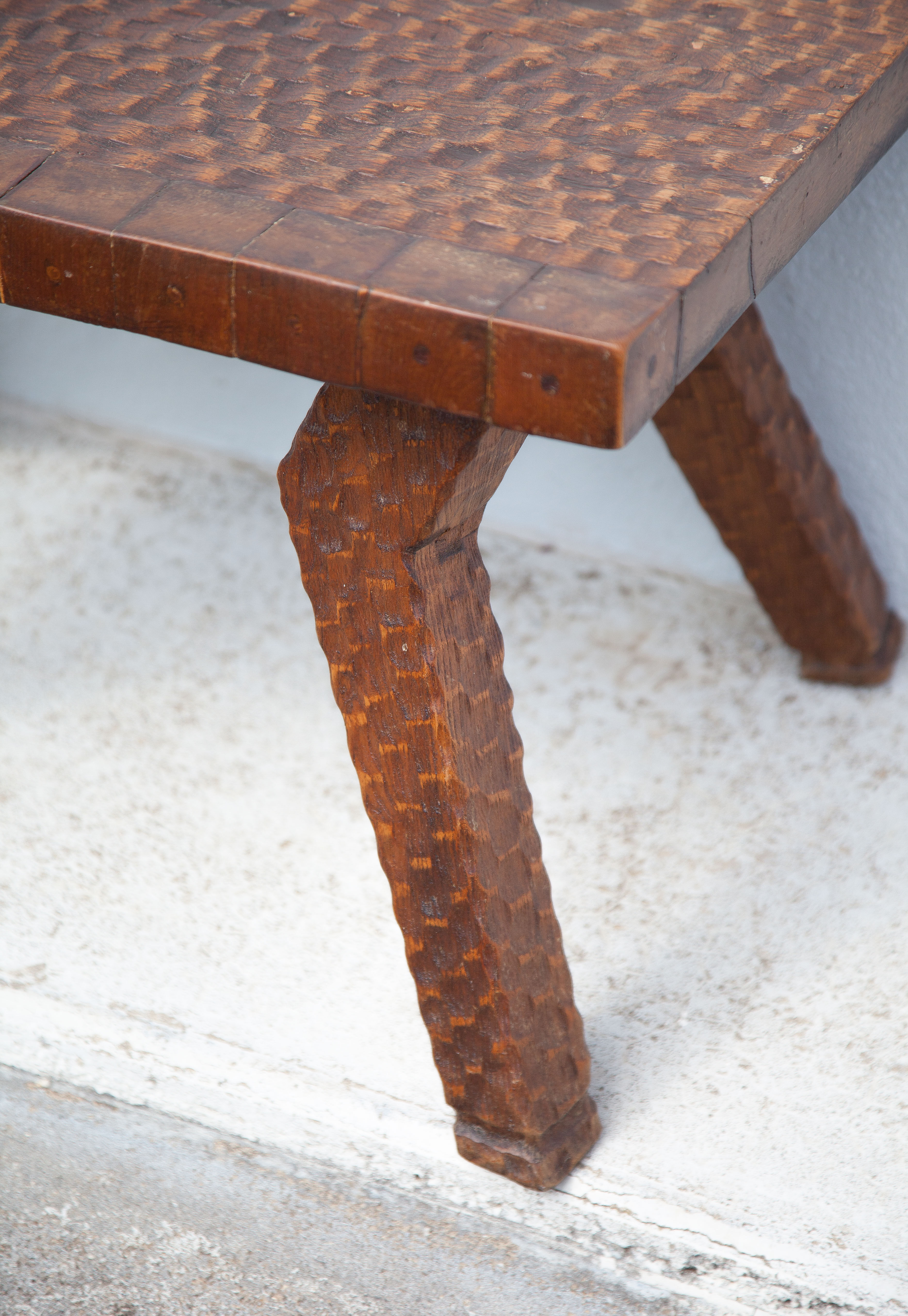 Carved wood coffee table, hammered wood table, side table, living room table, vintage table