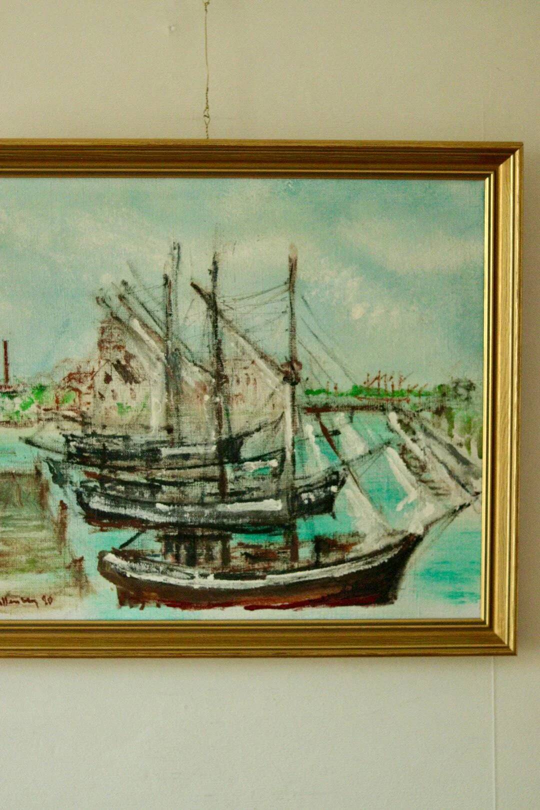 Original mid-century oil on canvas – "At the Quay"