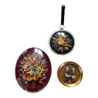 Trio of dried flower frames under curved glass