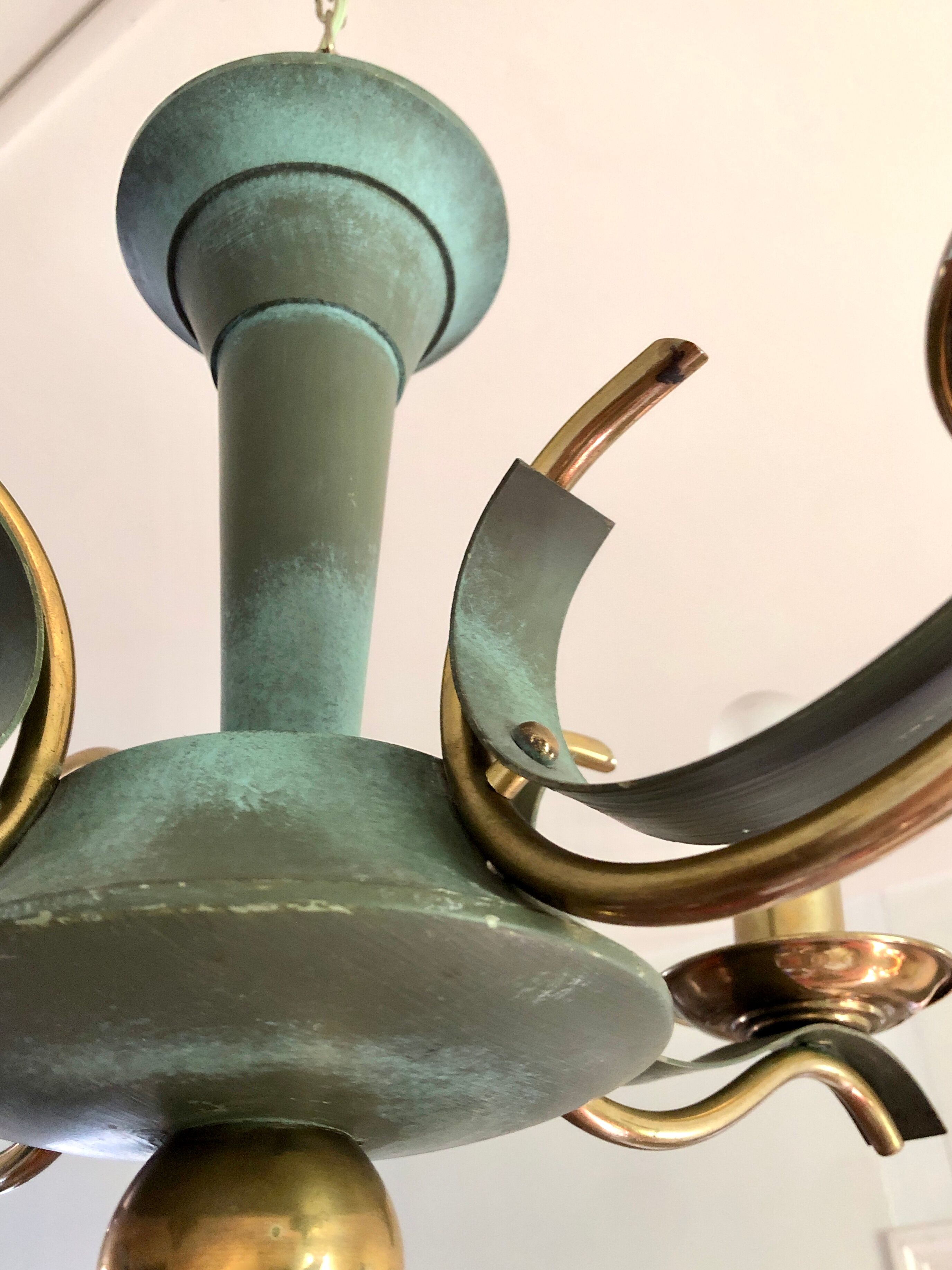 Celadon green modernist chandelier and solid brass