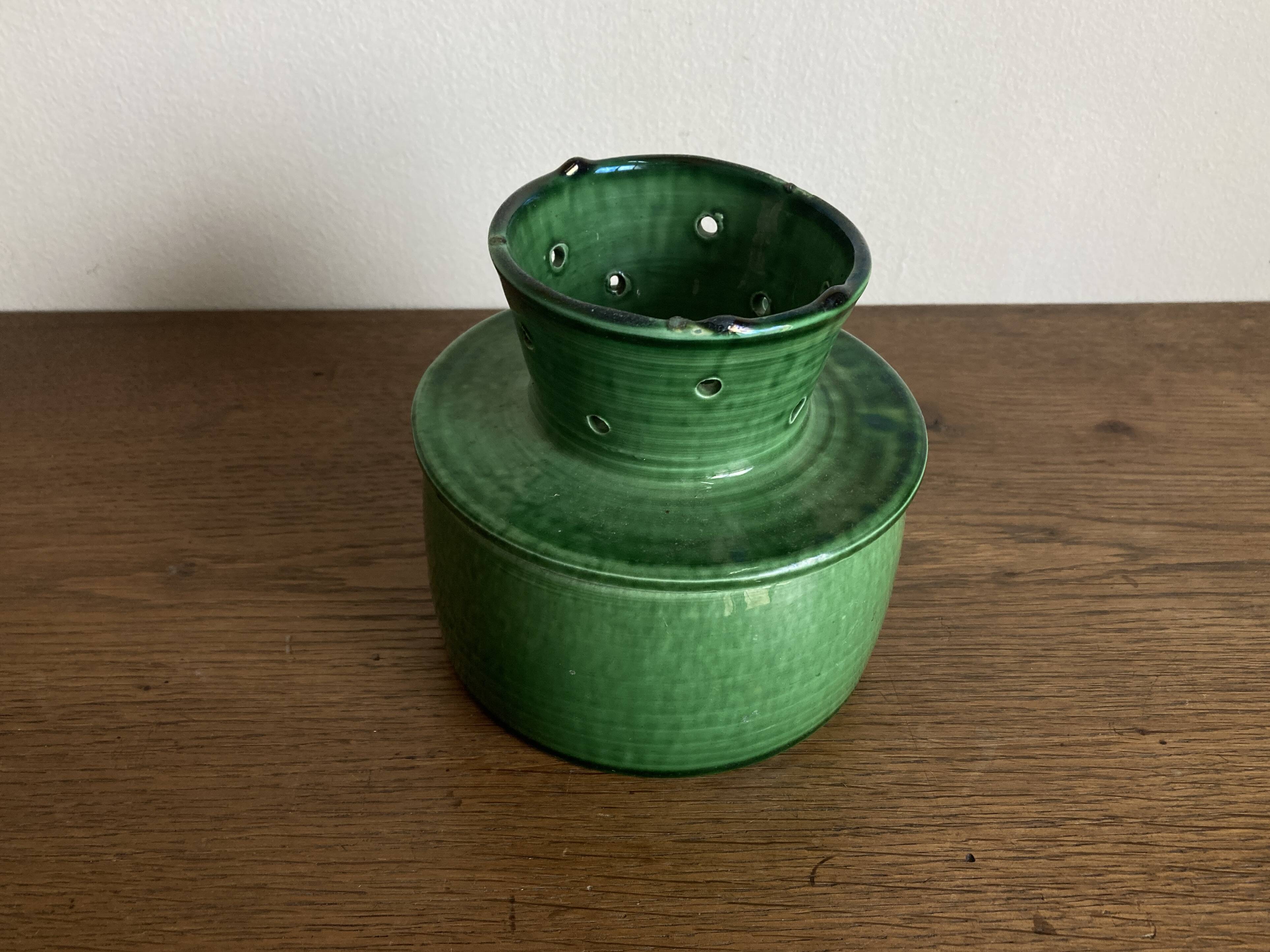 Foucart Jourdan Green glazed earthenware butter dish with water reservoir, 1960