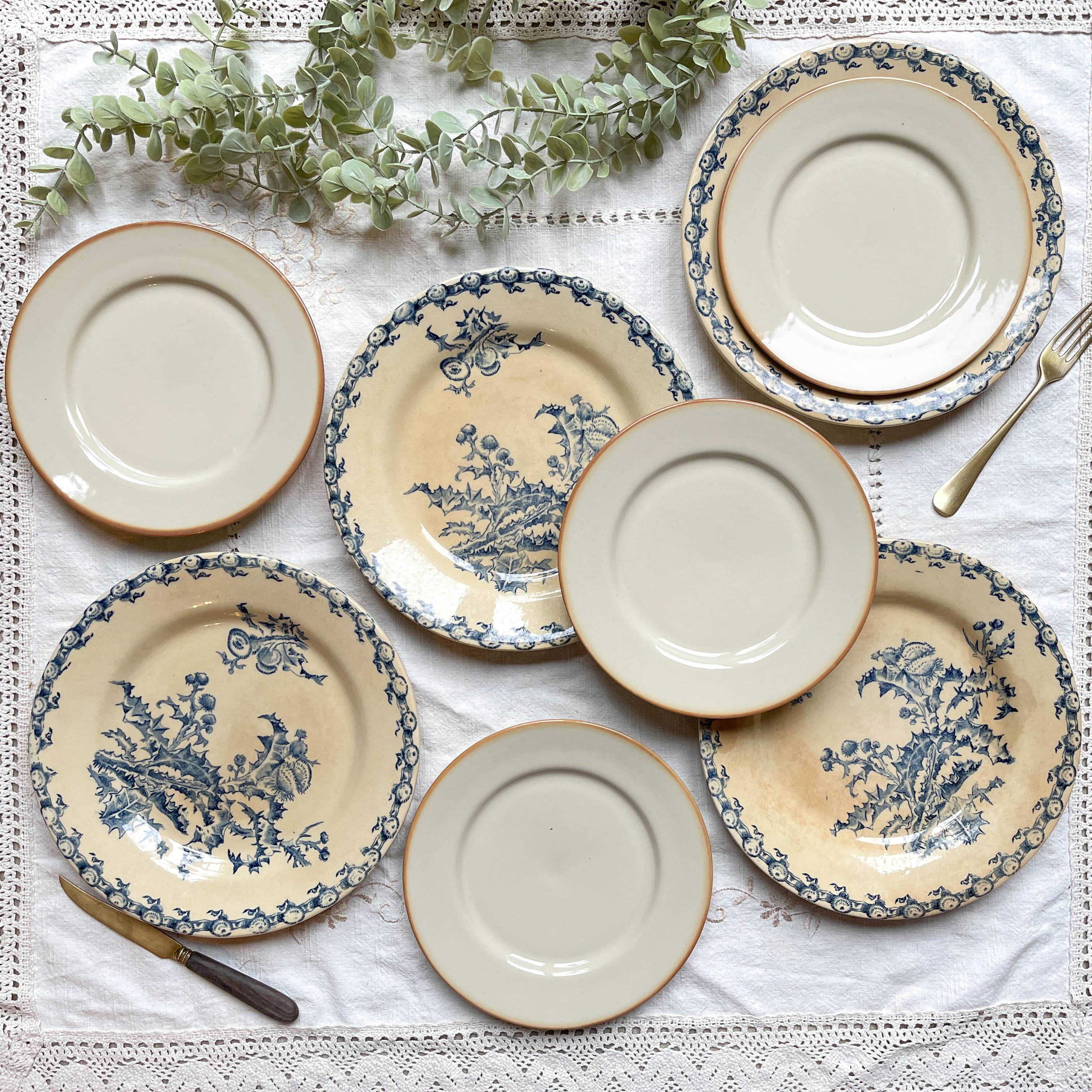 4 Gien Thistle ironstone plates + 4 small mismatched Tulowice stoneware plates