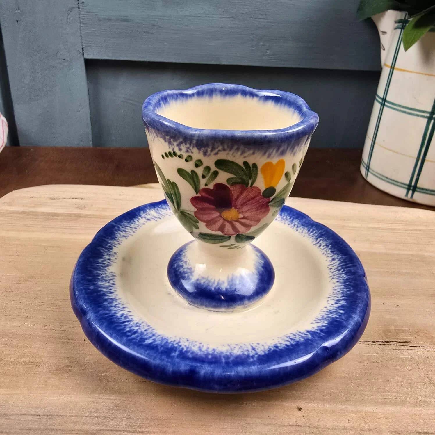 Vintage egg cup with saucer – Handmade – Blue floral decoration