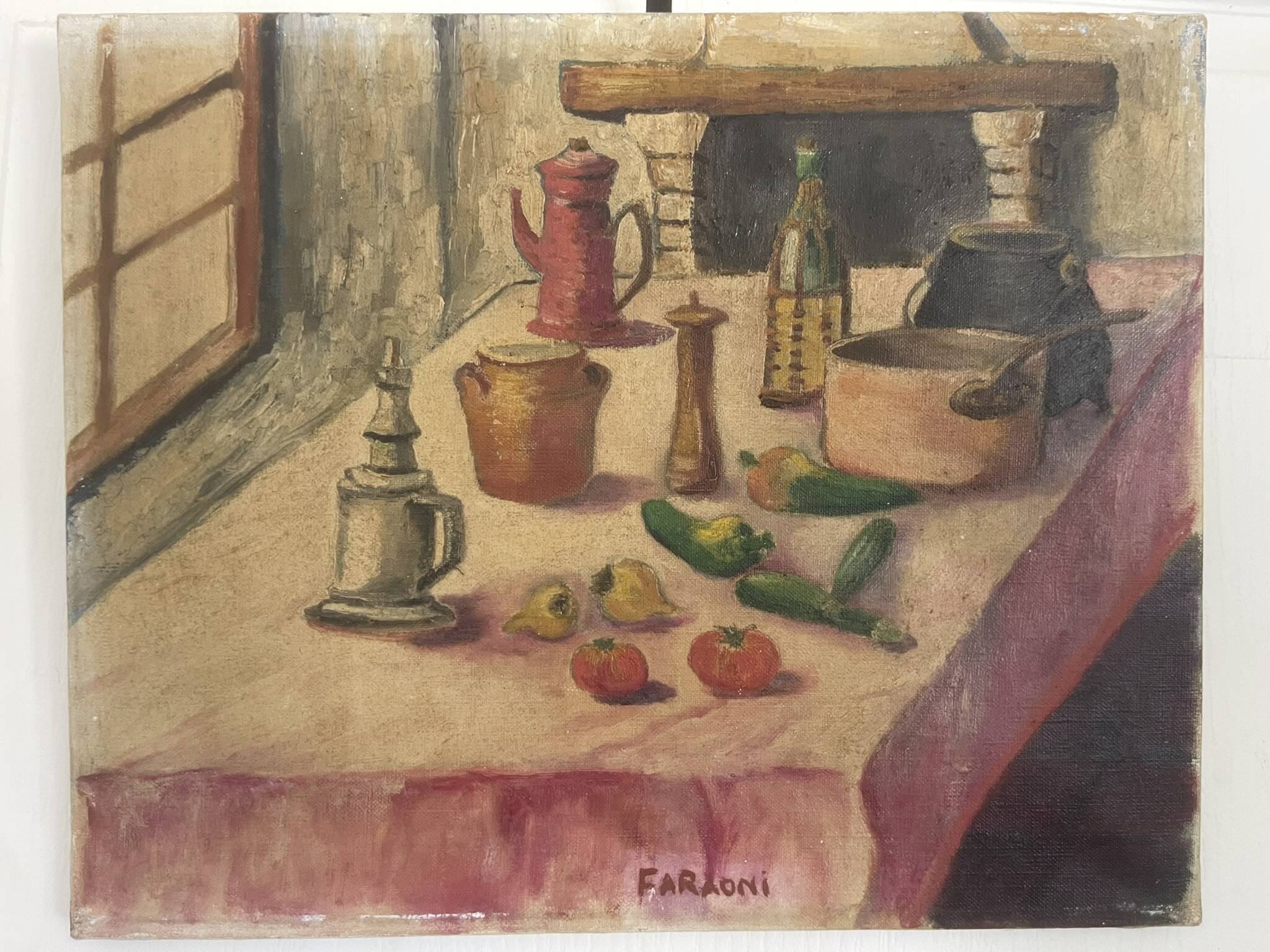 Old oil painting canvas still life kitchen fireplace faraoni
