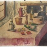 Old oil painting canvas still life kitchen fireplace faraoni