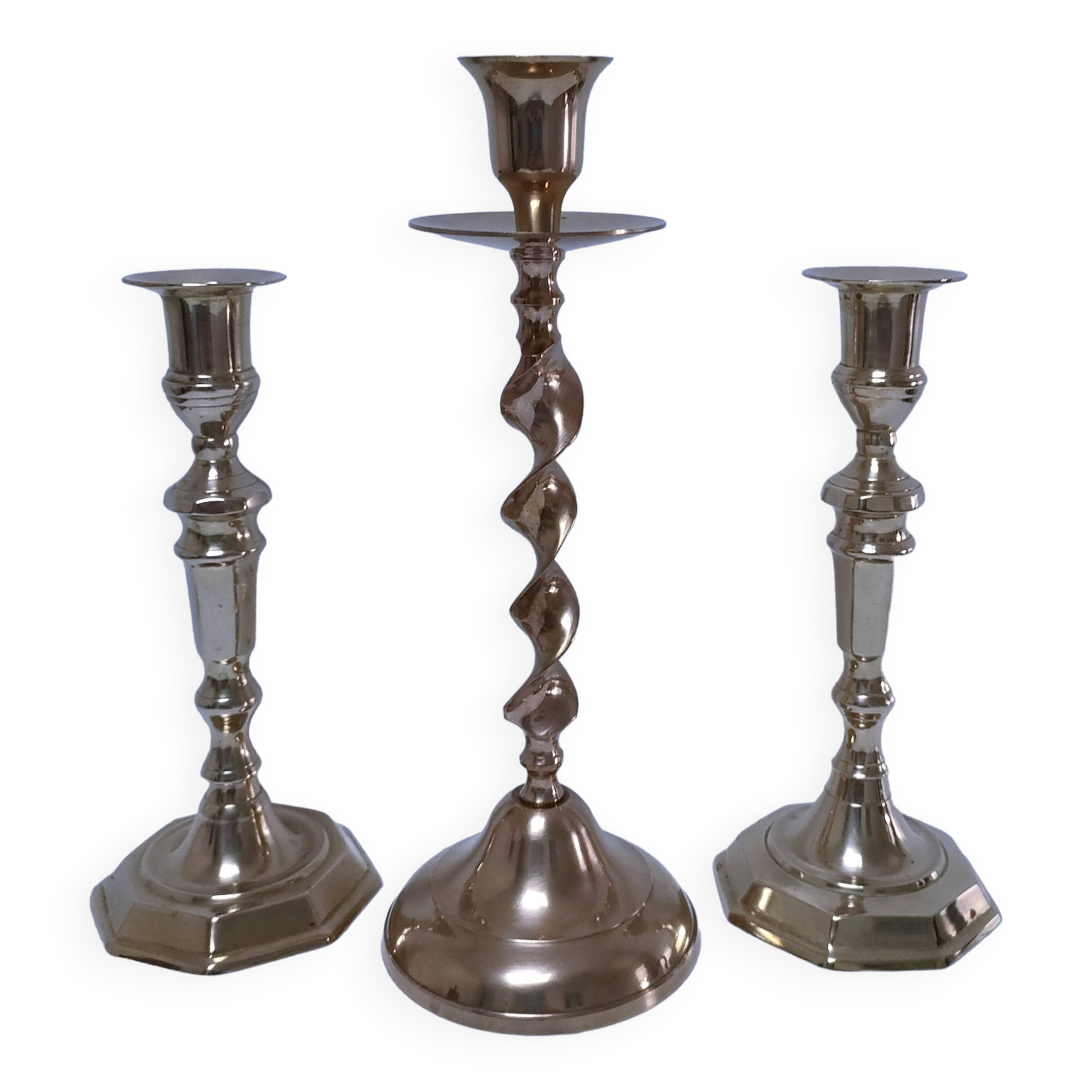 Three vintage solid brass candle holders