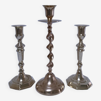 Three vintage solid brass candle holders