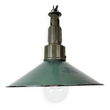 Industrial Green Enamel Military Pendant Lamp with Cast Aluminium Top, 1960