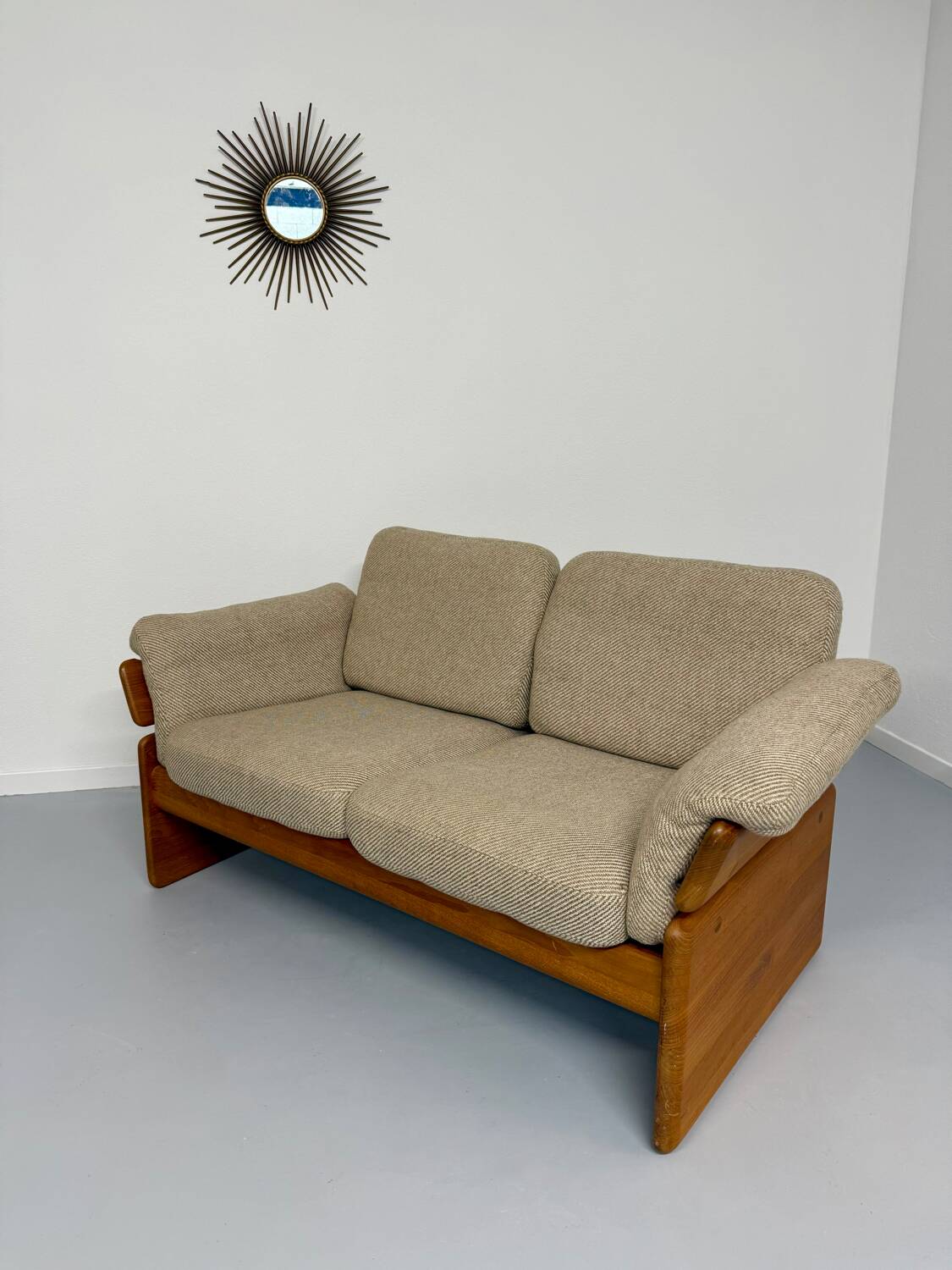 Old sofa in solid elm and vintage 80s design fabric Seltz France