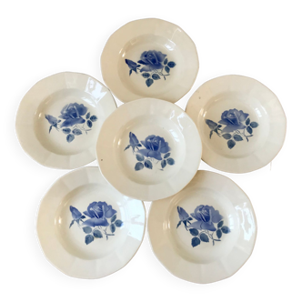 6 assiettes creuses Digoin Sarreguemines fleurs bleues années 30