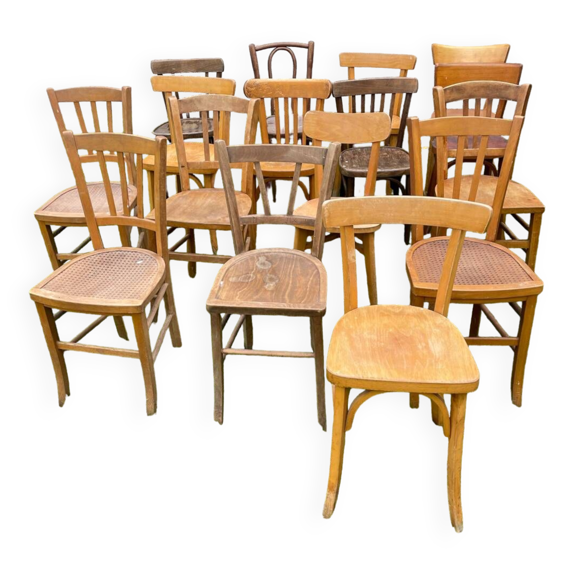 Lot of 16 mismatched bistro chairs