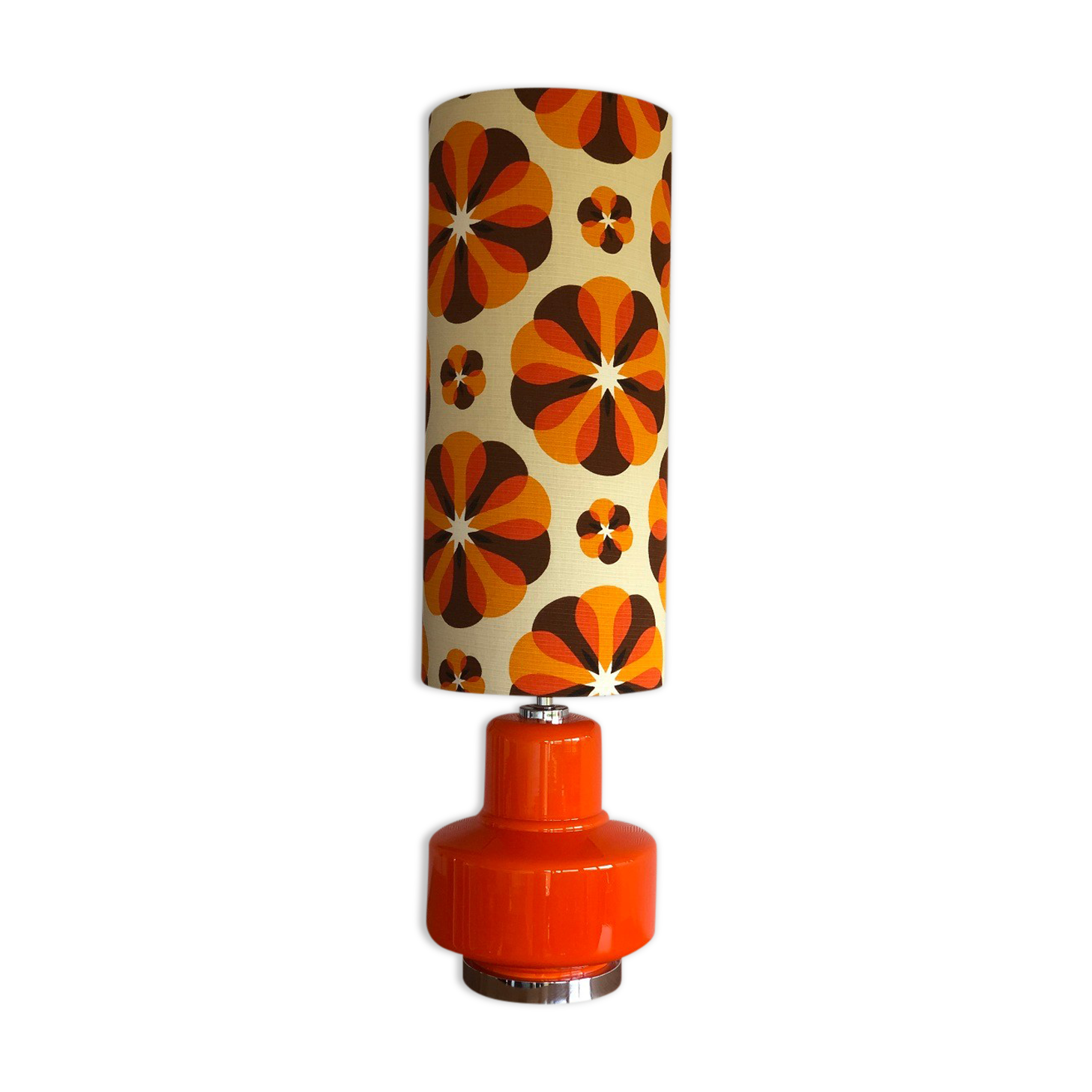 Lampe à poser opaline orange et tissu vintage Carrousel