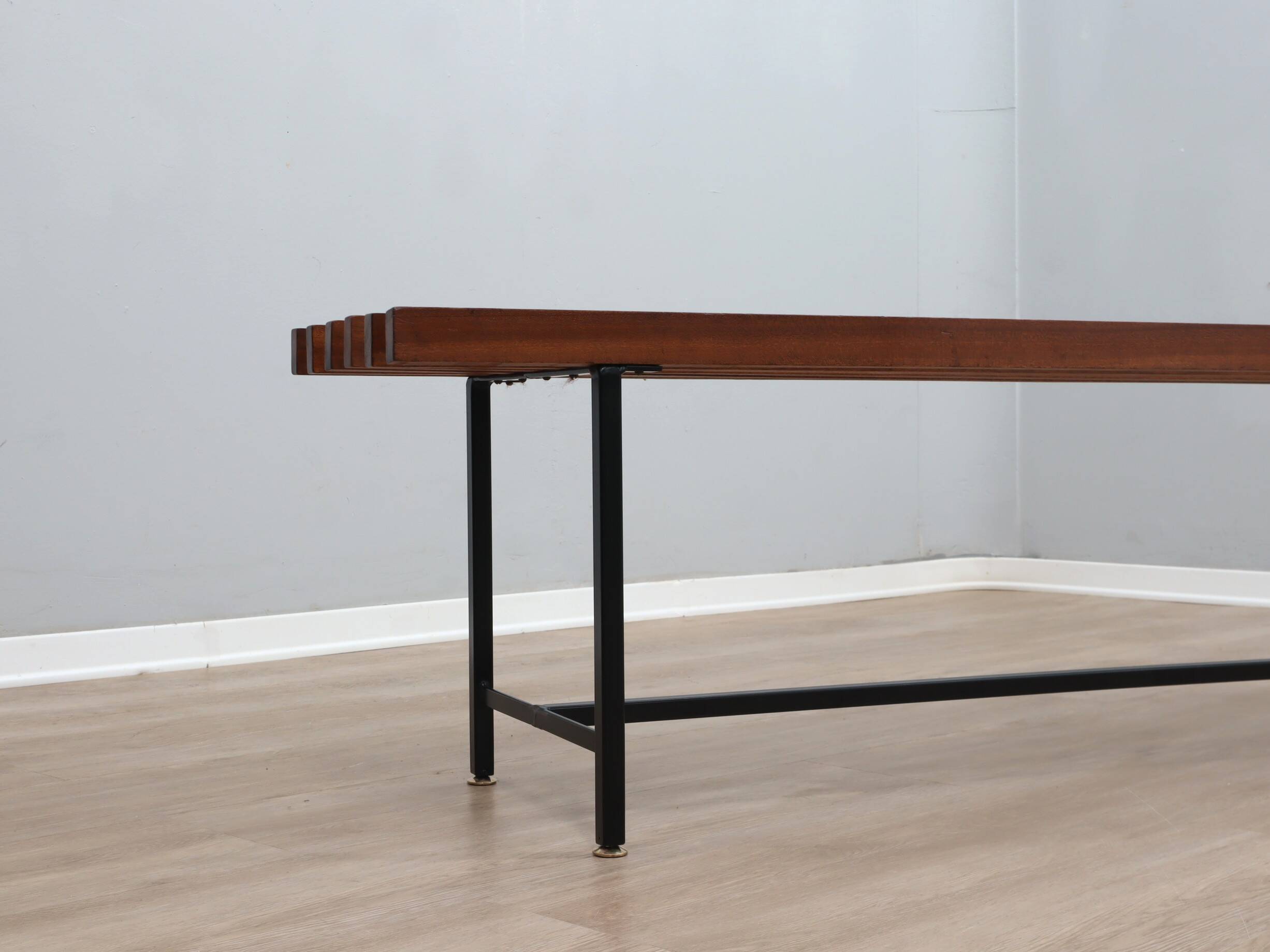 Mid-Century slatted teak bench with iron frame Italy 1950s