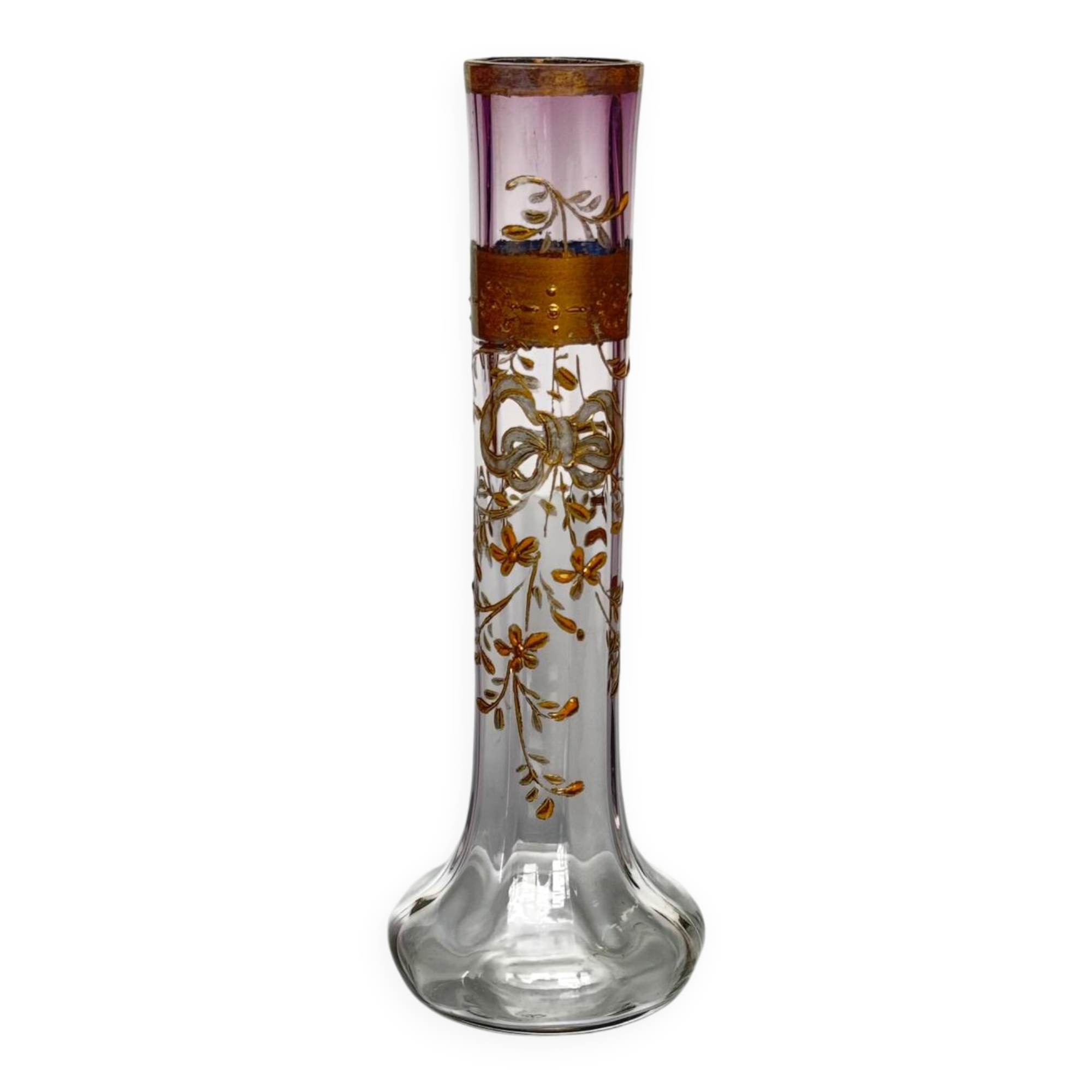 Antique purple tinted glass vase | ribbon/bow and flowers