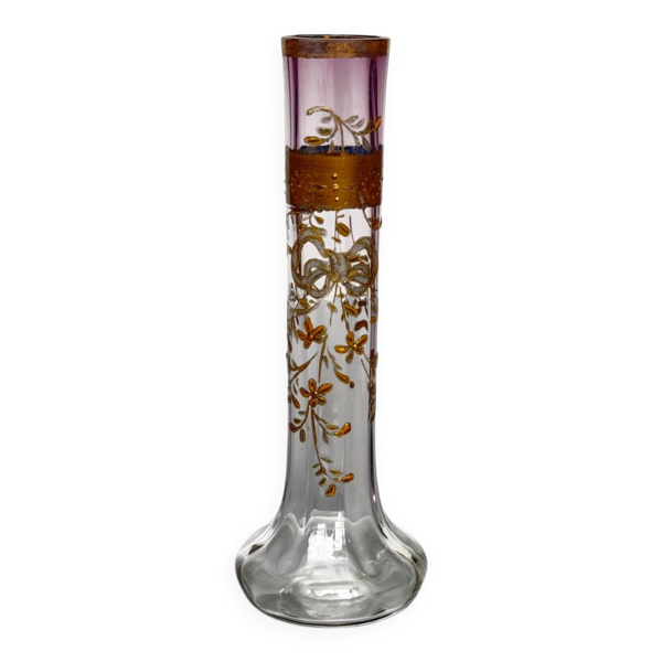 Soliflore ancien en verre teinté violet   ruban/nœud et fleurs