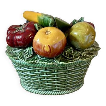 Vintage barbotine dish with fruit decorations