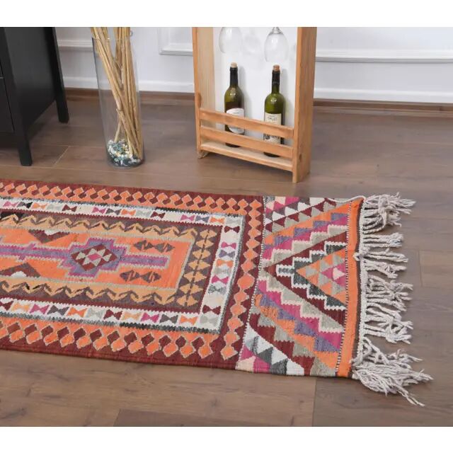 1970s Vintage Turkish Hand-Knotted Wool Cotton Orange Runner Rug 86x326