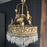 Lustre suspension en métal doré et pampilles