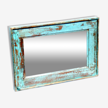 Miroir bois vieux teck patine bleue 56x3x39cm