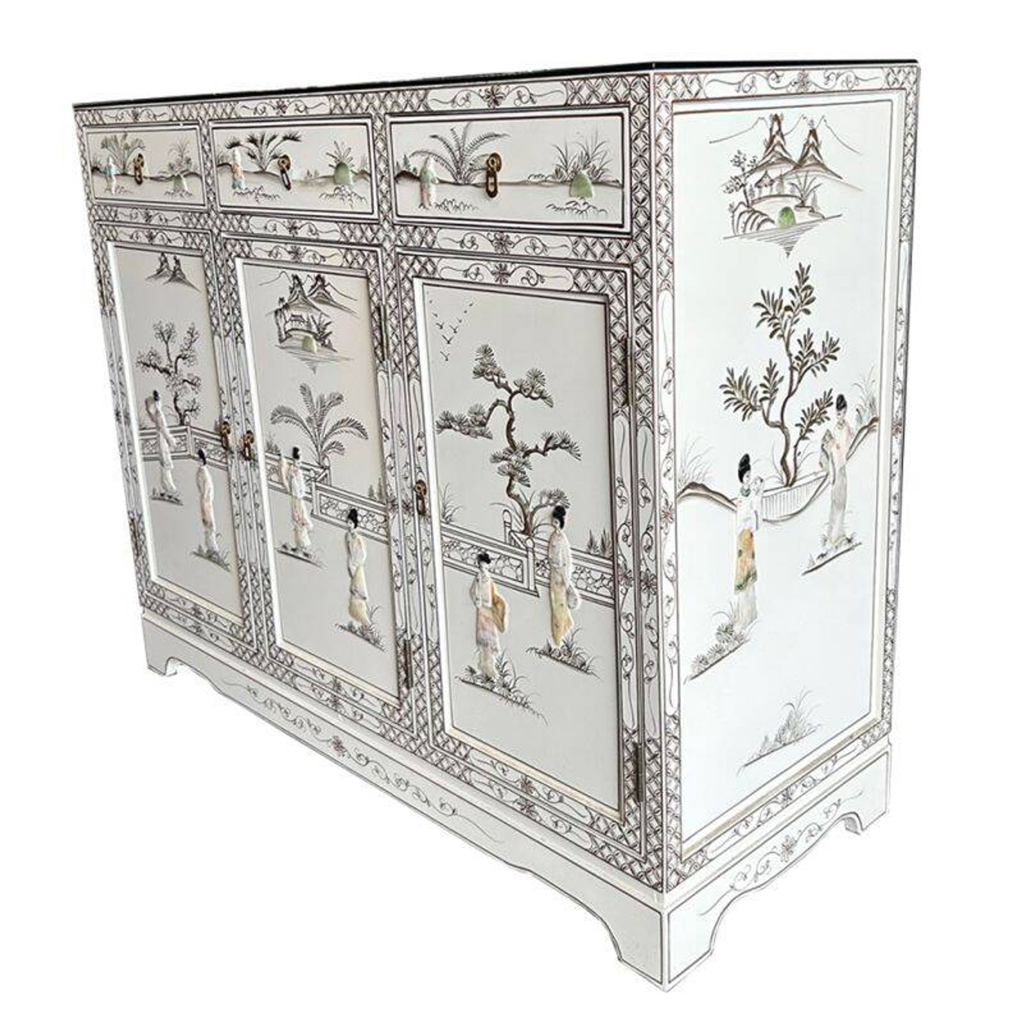 White lacquered Chinese sideboard with mother-of-pearl geisha decorations.