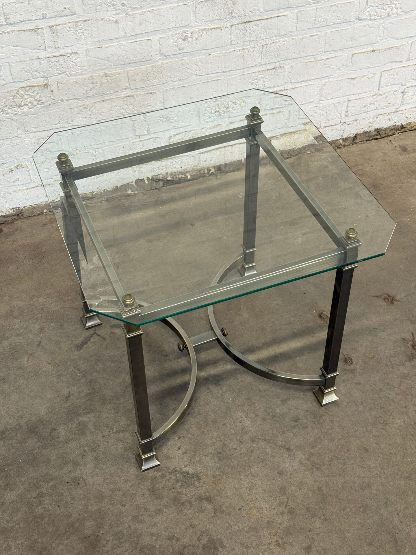 Vintage Neoclassical Side Table — Gun Metal & Brass Frame with Octagon