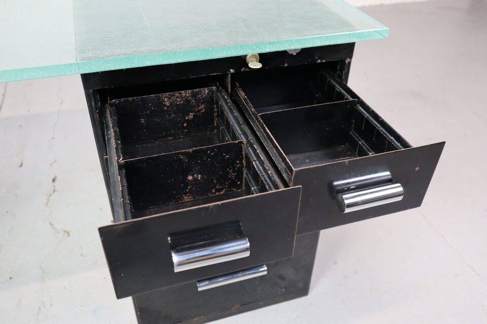 1930's modernist desk in black lacquered metal
