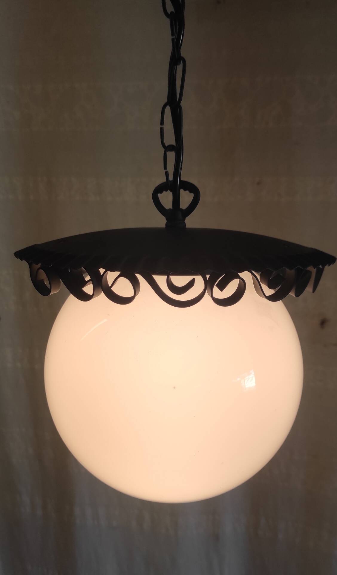 Metal lantern suspension and opaline globe by Delmas - mid 20th century.