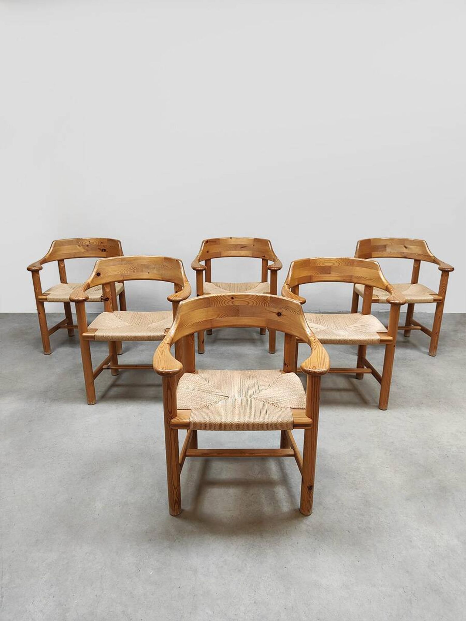 Vintage pine papercord dining chairs Rainer Daumiller