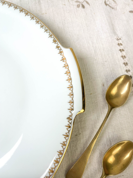 Golden white porcelain pie dish from Sologne Lamotte 6