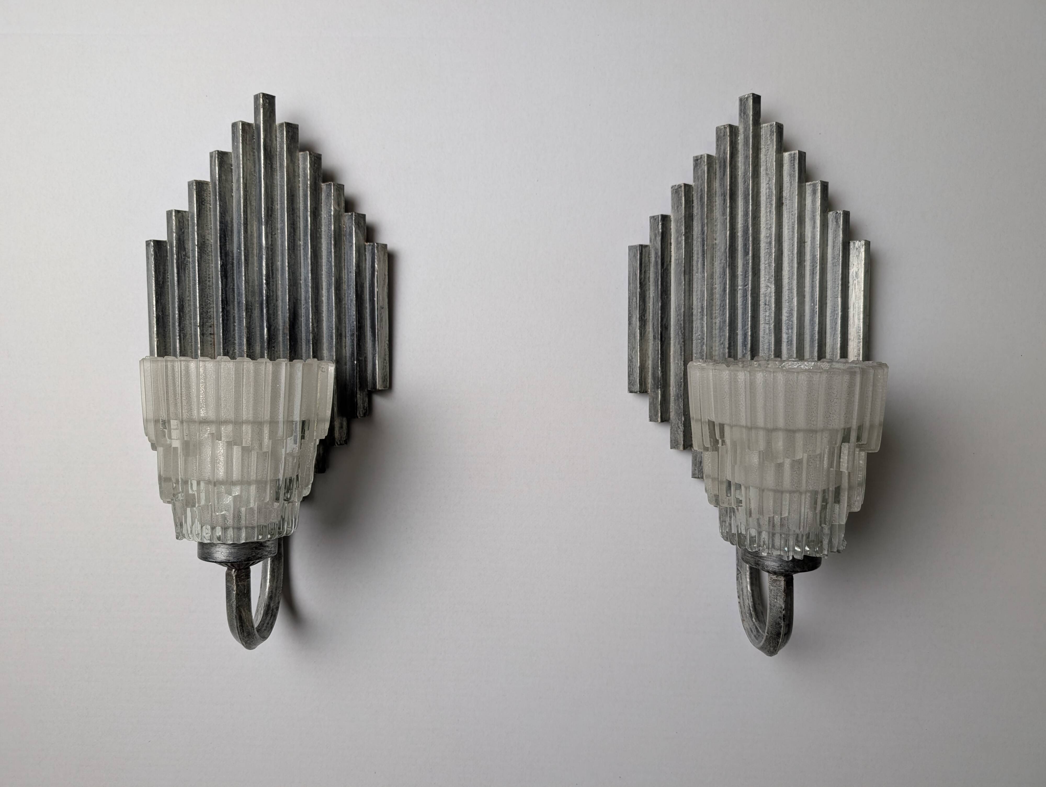 Pair of Ferro Art Iron and Glass Wall Sconces Art Deco Style 1970s