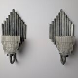 Pair of Ferro Art Iron and Glass Wall Sconces Art Deco Style 1970s