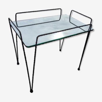 Table d'appoint 1950-1960, pieds épingle/Eiffel, plateau miroir, structure tige d'acier