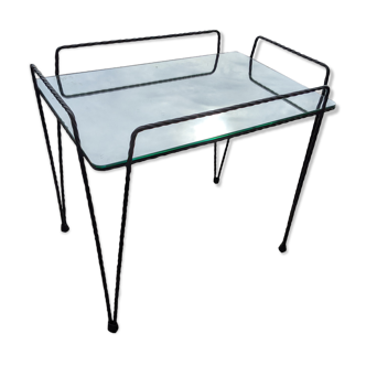 Table d'appoint 1950-1960, pieds épingle/Eiffel, plateau miroir, structure tige d'acier