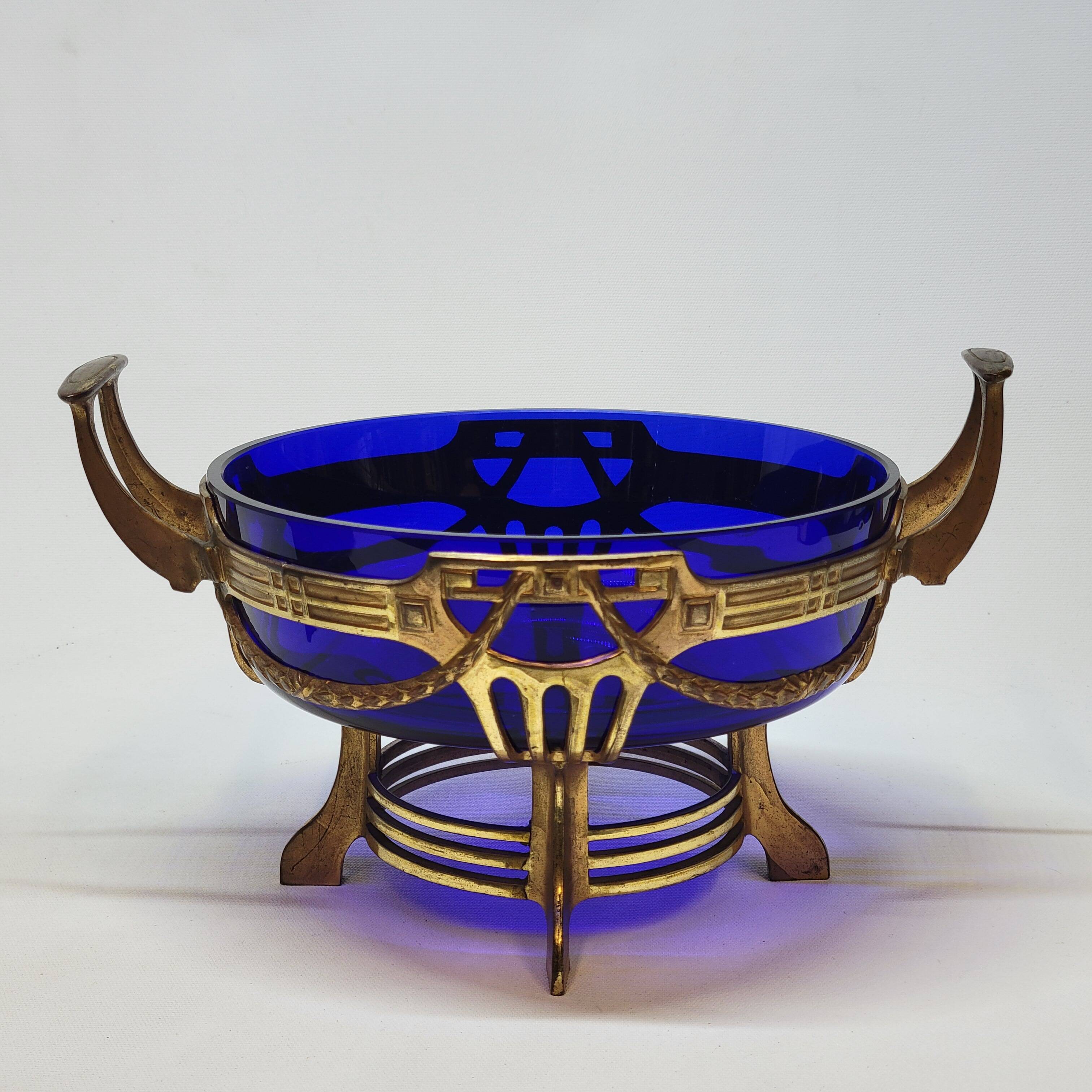 Antique gold metal and cobalt blue glass centerpiece planter