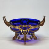 Ancienne jardinière centre de table en métal doré et verre bleu cobalt