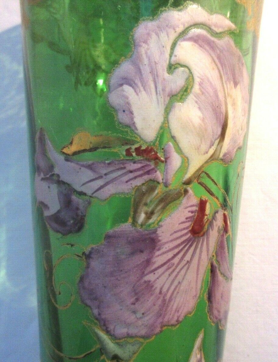 Vase "Spring" Art Nouveau enamelled glass Legras with purple iris and gold lace