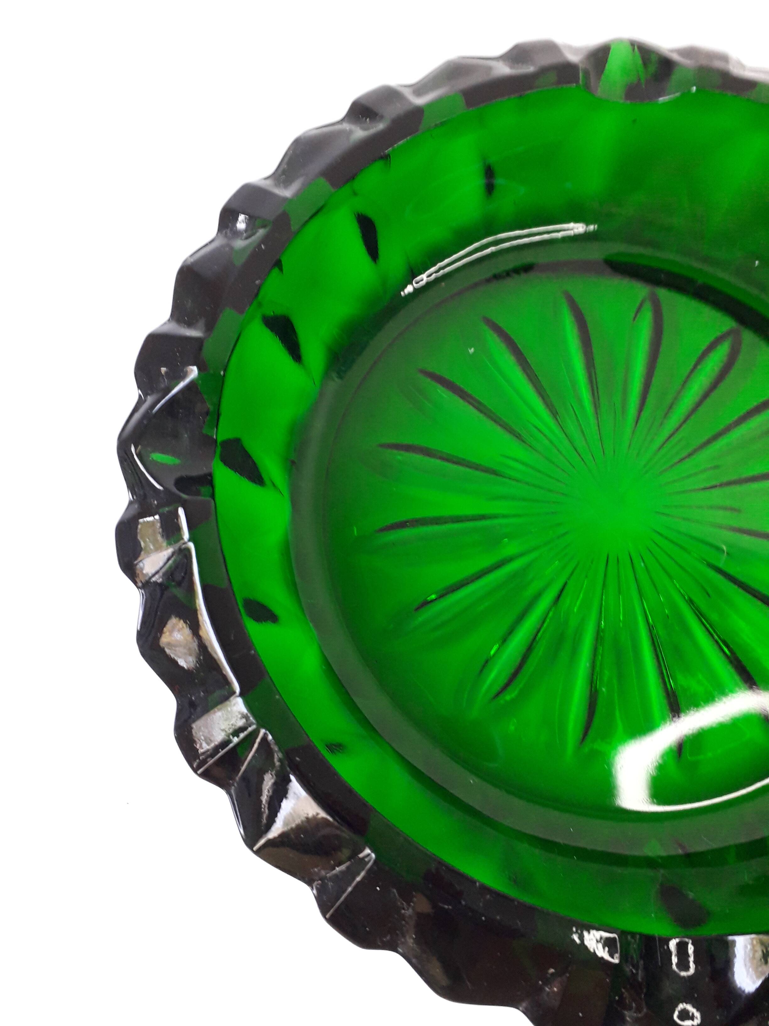 Vintage green moulded glass ashtray