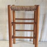 High stool in solid wood and straw - mid. 20th century