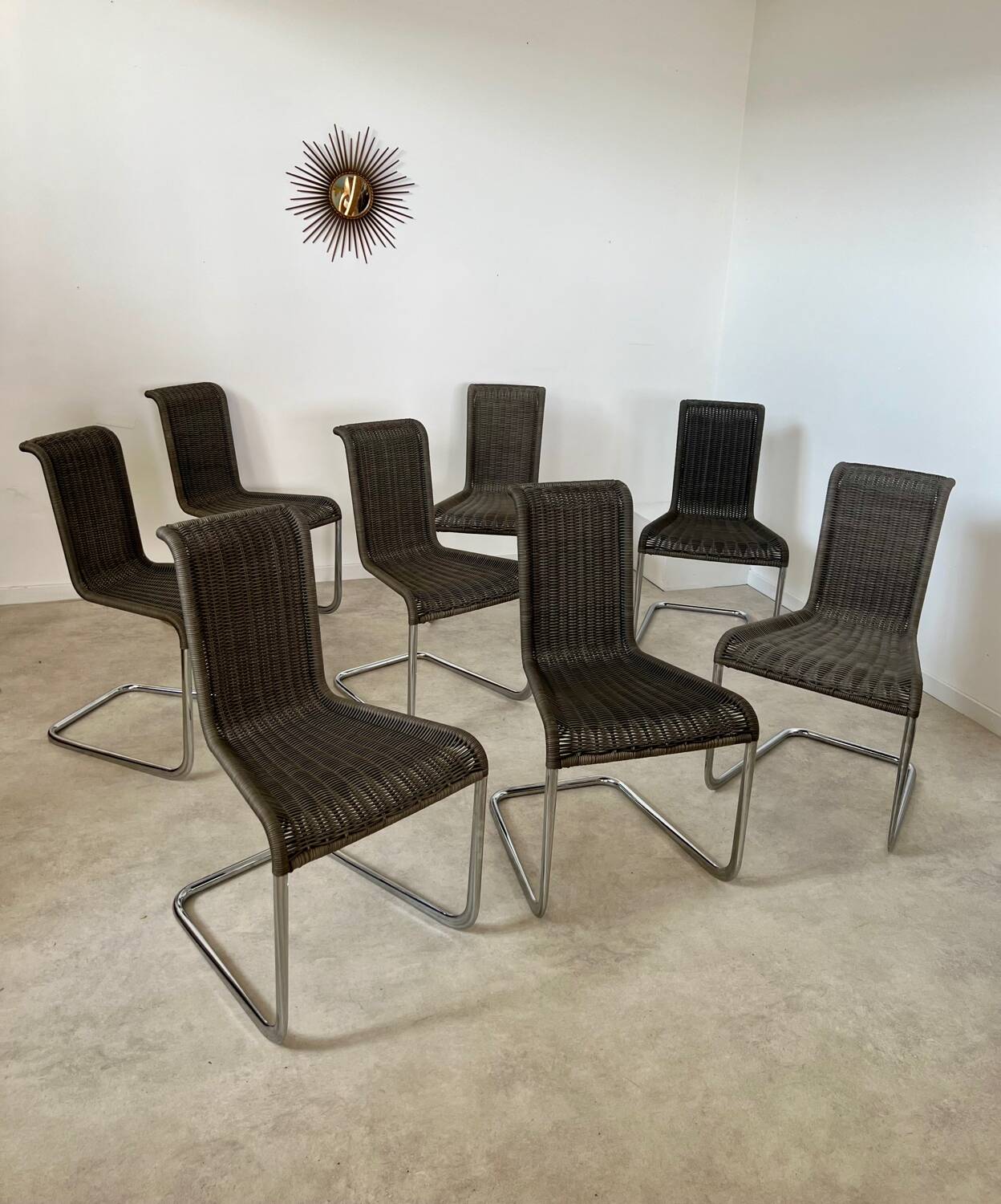 Set of 8 Tecta designer tubular chairs, Bauhaus style, metal and vintage gray cane, 80s