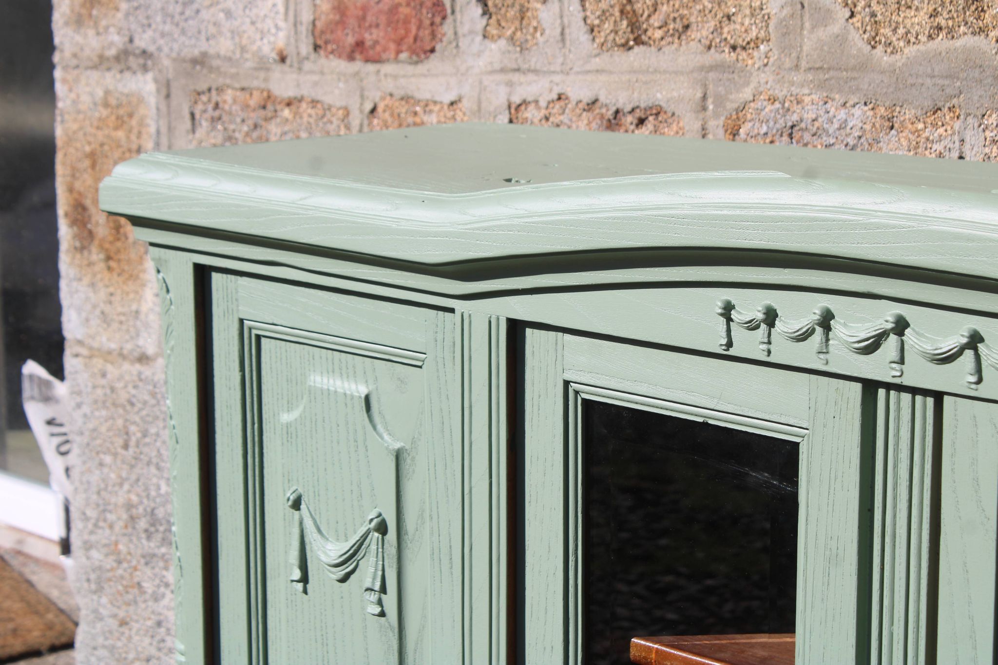 Renovated vintage sage green enfilade – wooden legs & bevelled display cabinets