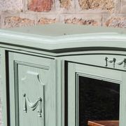 Renovated vintage sage green enfilade – wooden legs & bevelled display cabinets