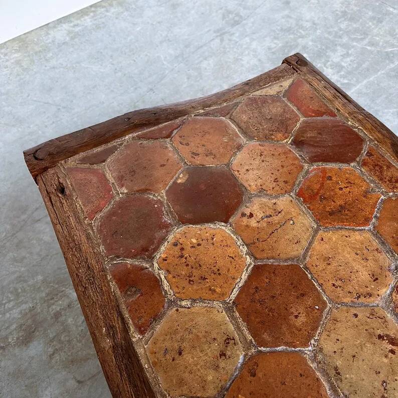 Vintage French Coffee Table in Terracotta with Oak and Iron Legs, Mid-20th Century