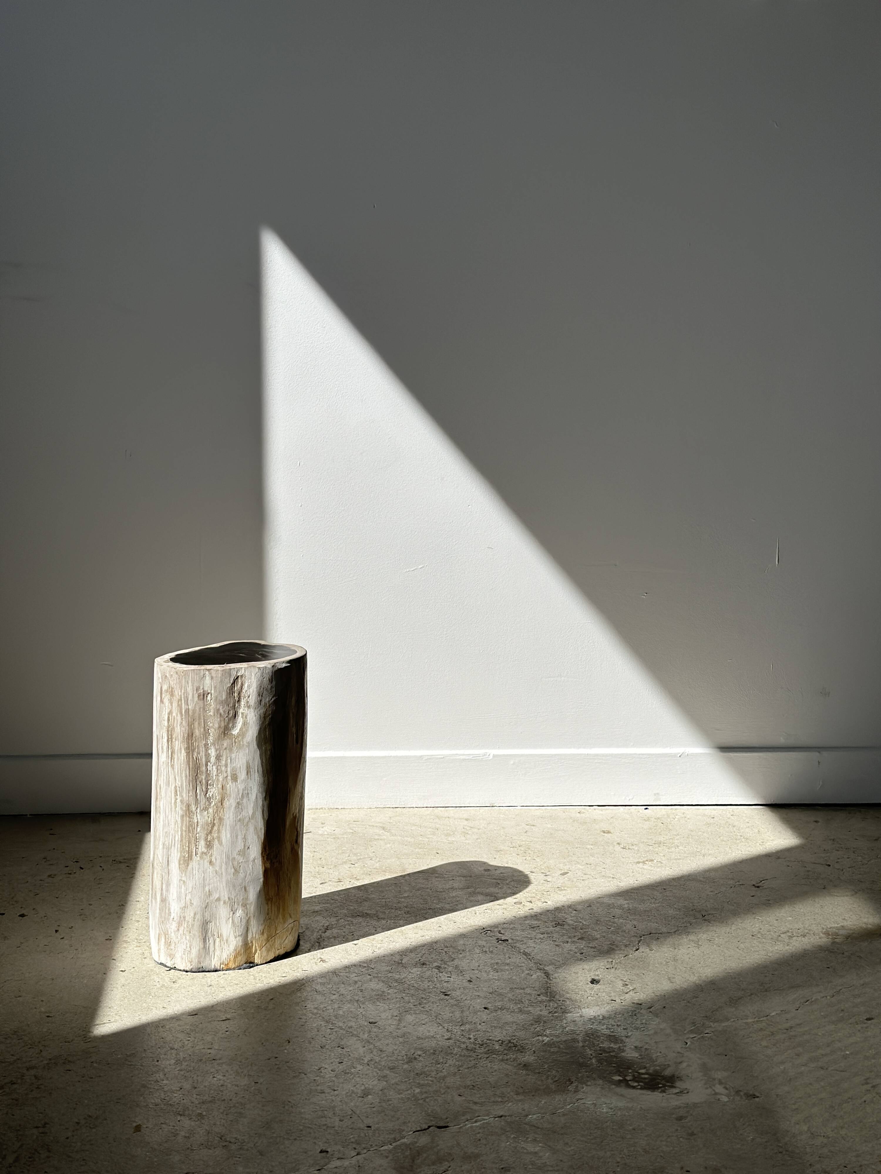 Petrified wood side table white tower black heart H:36cm D:17cm