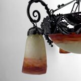 Lustre en fer forgé et pate de verre, Art Deco, Muller Freres, Circa 1920