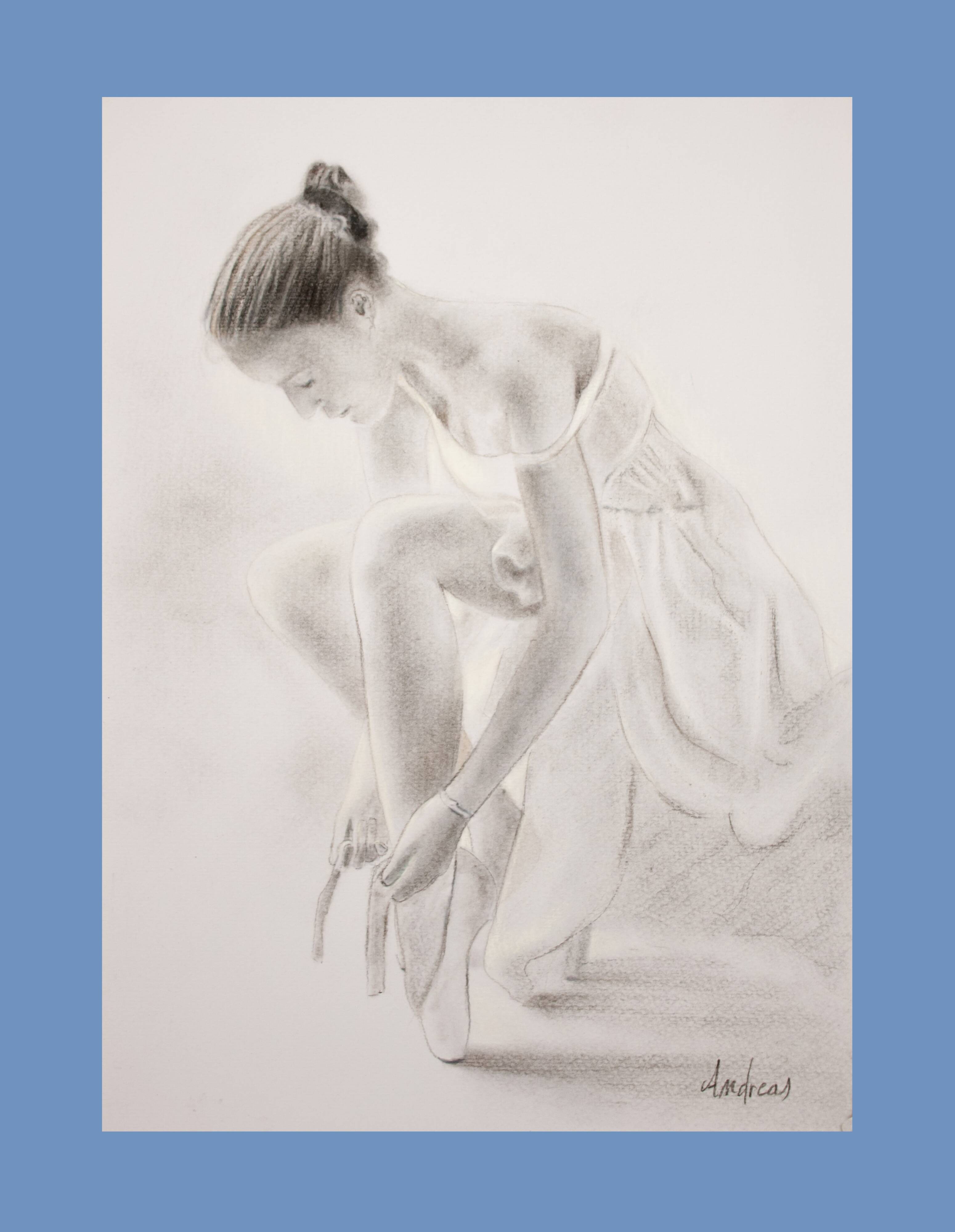 Charcoal drawing representing a seated dancer. Dancer painting.