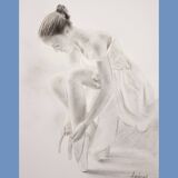 Charcoal drawing representing a seated dancer. Dancer painting.