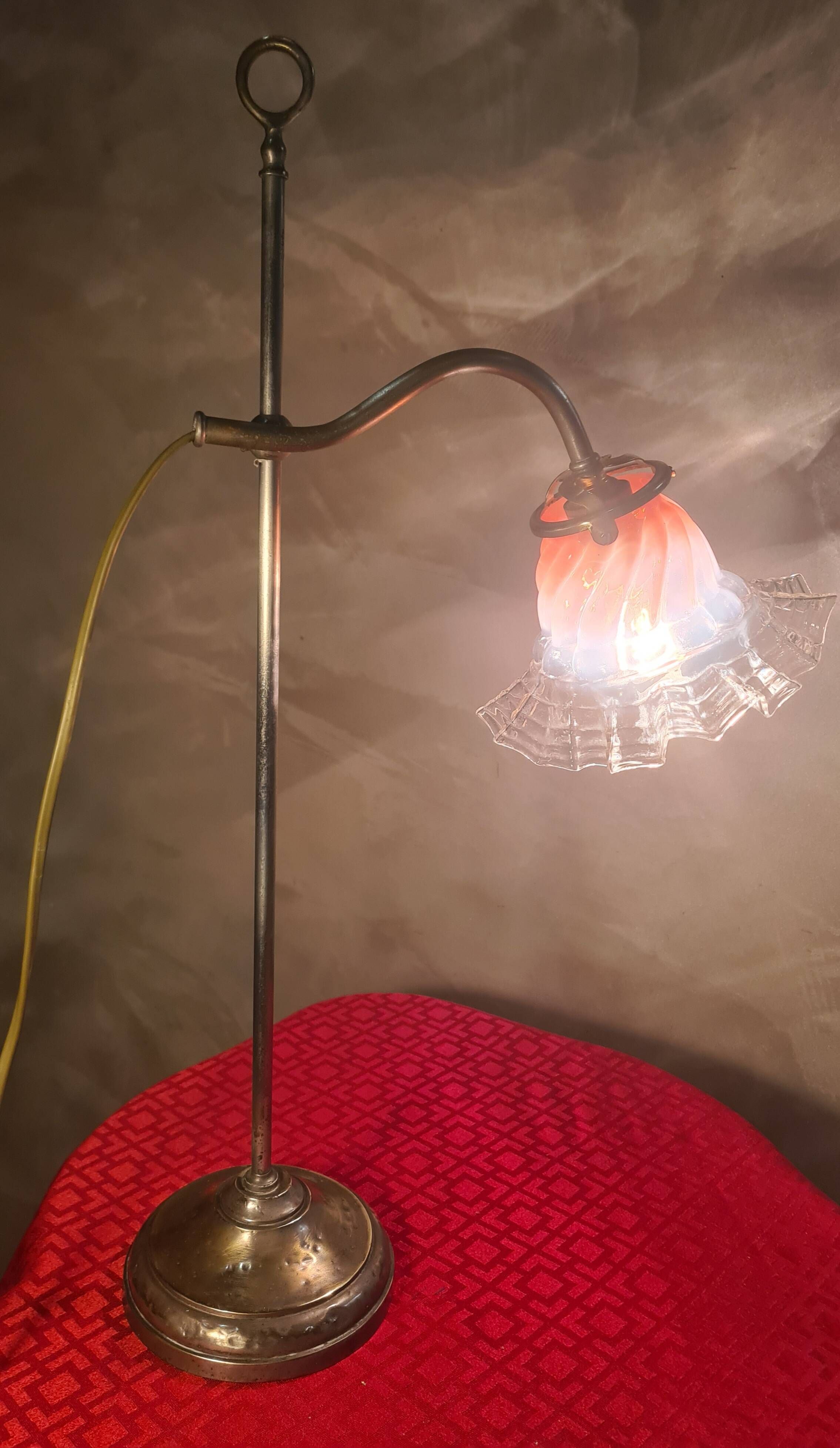 lampe de bureau laiton 1900 patine superbe 54x30 avec tulipe dentelle trans