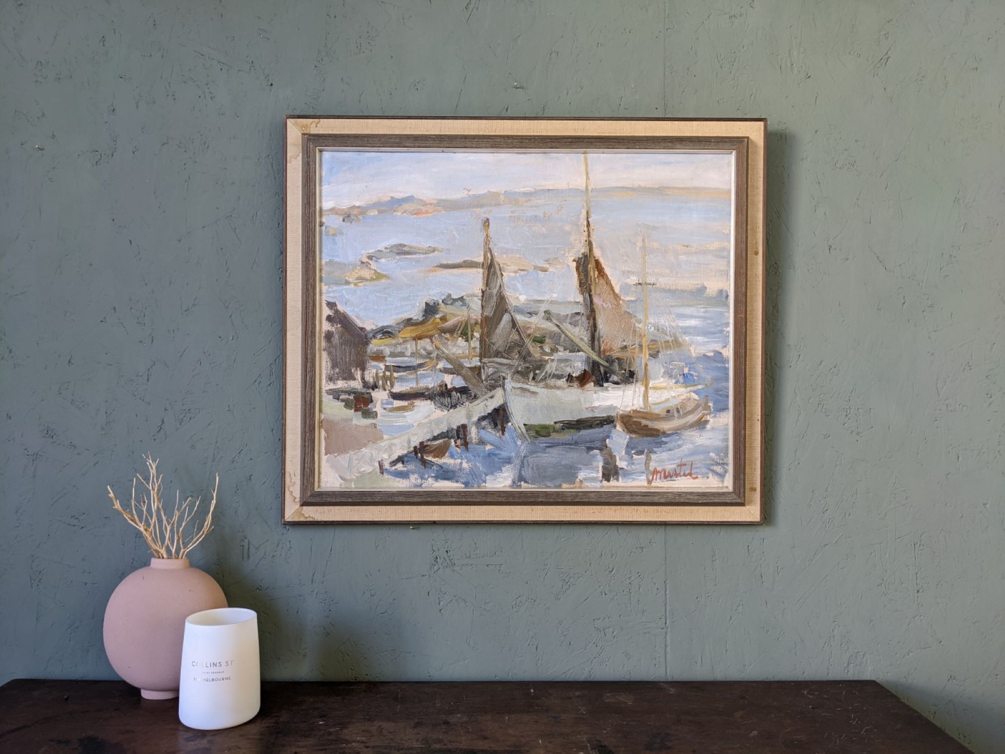 Mid-century modern swedish "archipelago boats" vintage seascape, framed oil painting