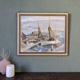 Mid-century modern swedish "archipelago boats" vintage seascape, framed oil painting